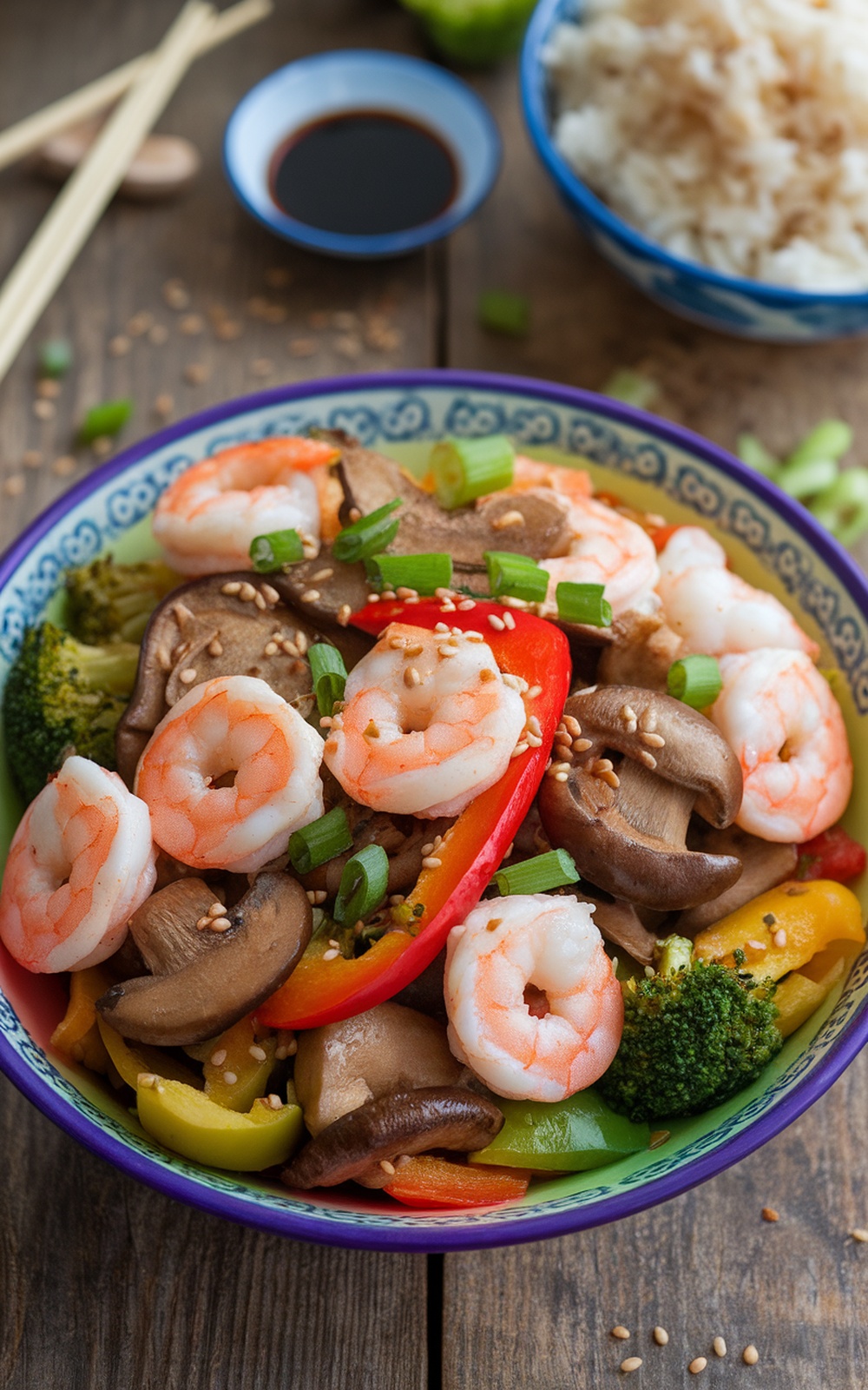 Shrimp and shiitake mushroom stir fry with colorful vegetables, served in a bowl with rice and garnished with green onions.